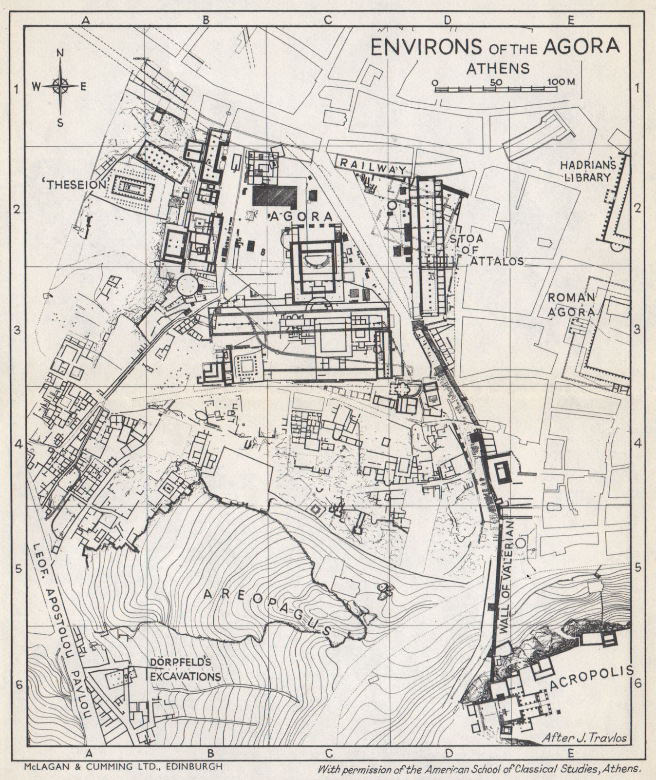 THE AGORA & environs ground plan. Athens, Greece 1967 old vintage map chart